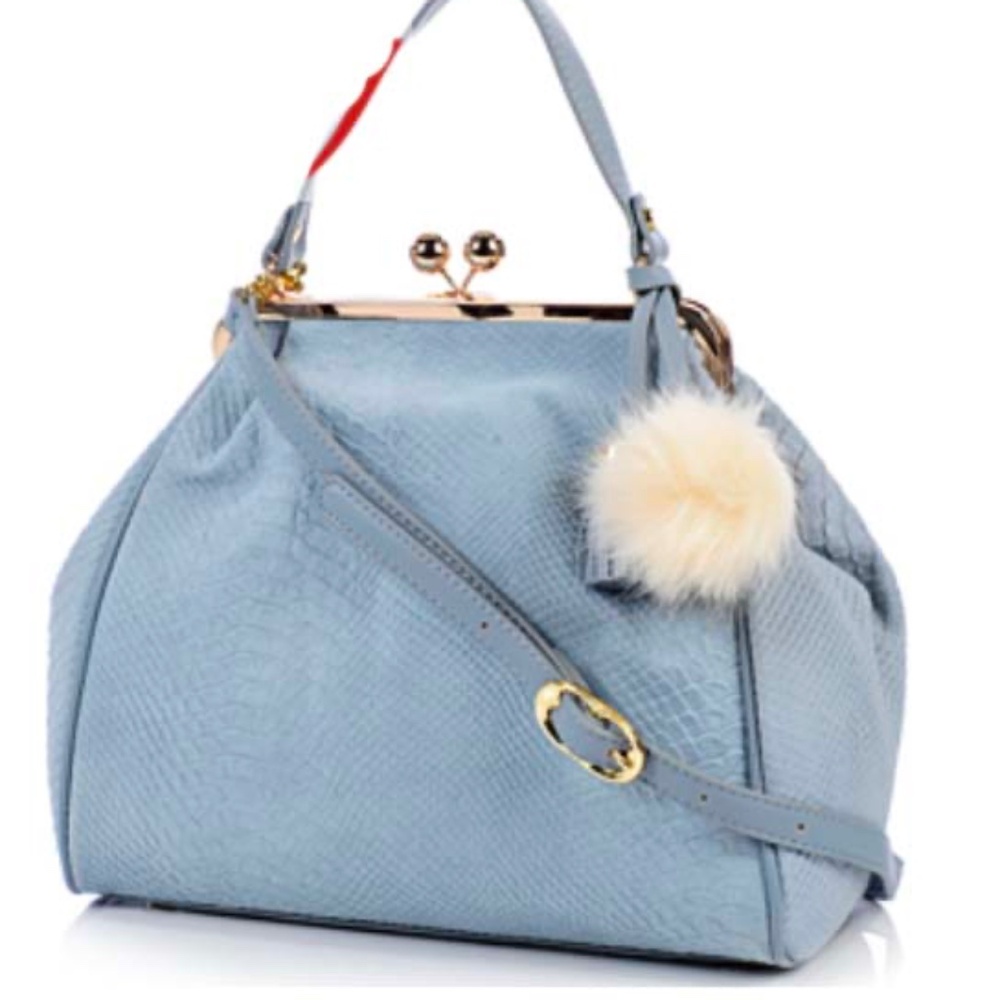 SATCHEL/SHOULDER BAG, EMMA FOX LEATHER, ICE BLUE PYTHON PRINT, TOP KISS LOCK,